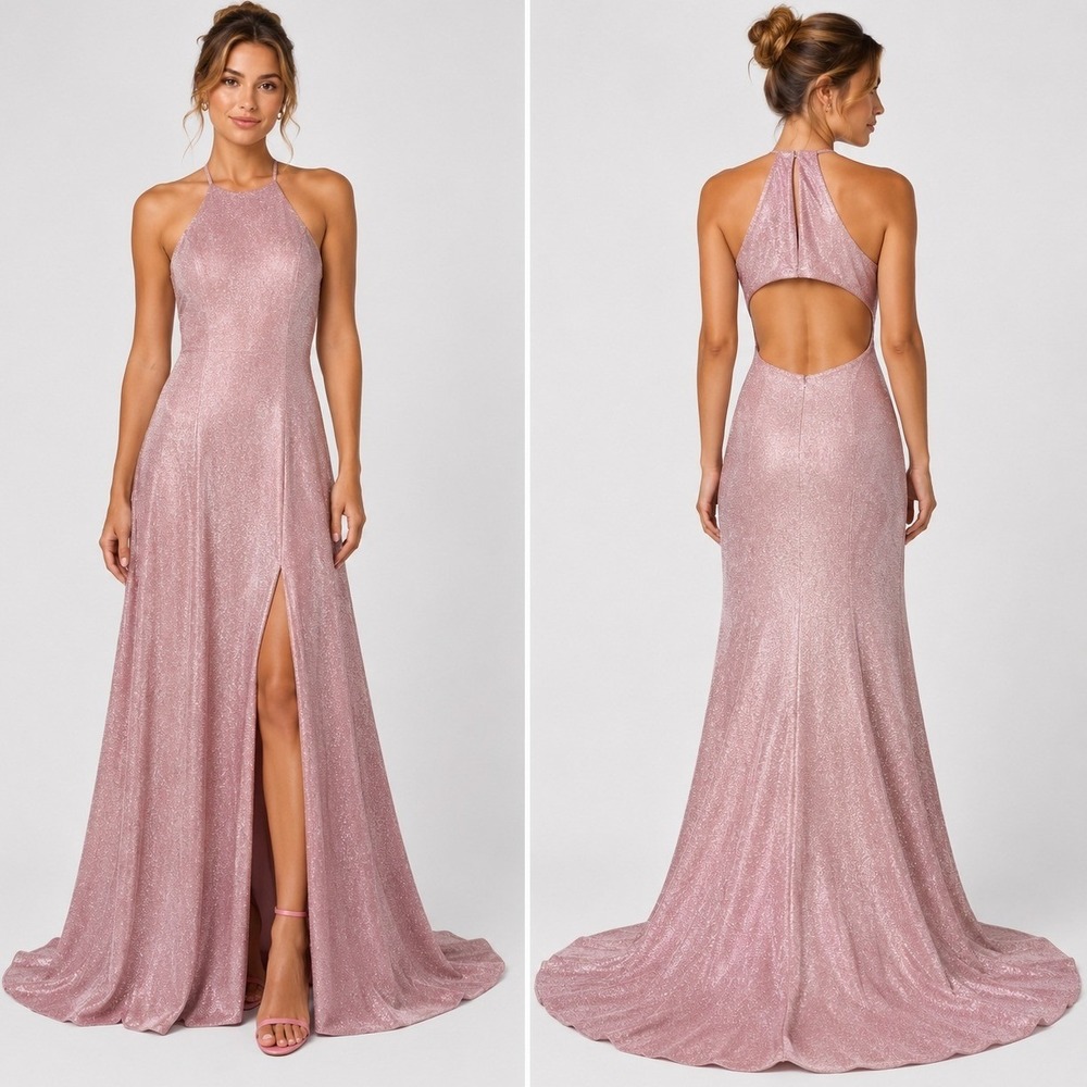 Sherri Hill Gown 6 Electric Pink Shimmer Halter Open Back Mermaid Dress Formal
